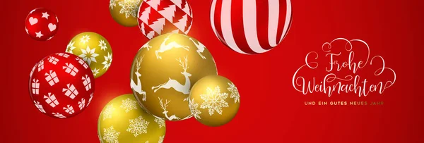 Merry Christmas Webbanner Duitse Taal Goud Rood Xmas Bauble Ornamenten — Stockvector