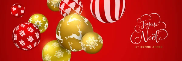 Merry Christmas Webbanner Franse Taal Goud Rood Xmas Bauble Ornamenten — Stockvector