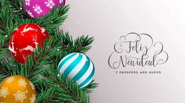 Feliz Navidad Feliz Año Nuevo Español Coloridos Adornos Navidad Fondo — Vector de stock