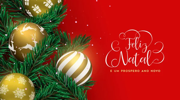 Feliz Navidad Feliz Año Nuevo Lengua Portuguesa Adornos Navidad Oro — Vector de stock