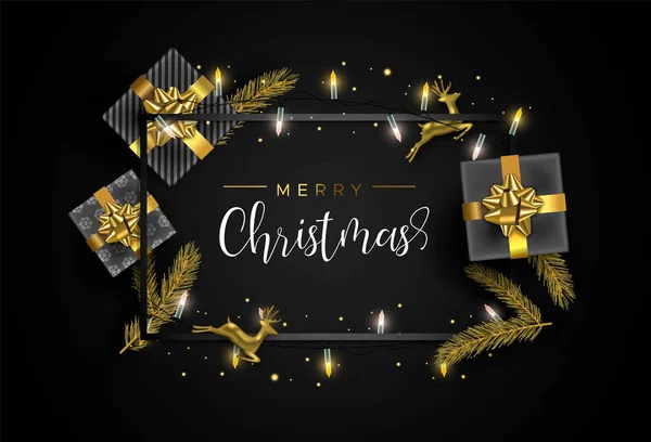 Merry Christmas Gold Luxe Wenskaart Met Cadeau Doos Rendieren Pine — Stockvector