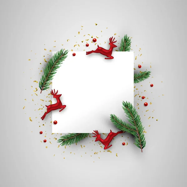 Kerst Wenskaartsjabloon Realistische Rode Rendieren Ornamenten Pine Tree Decoratie Met — Stockvector