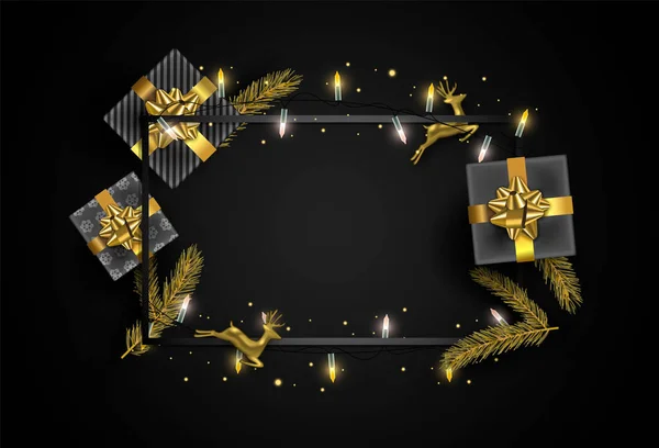 Feliz Natal Ouro Luxo Cartão Saudação Com Caixa Presente Renas — Vetor de Stock