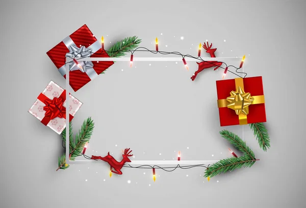 圣诞快乐黄金豪华贺卡与礼品盒 驯鹿和松树元素在黑色复制空间框架背景 — 图库矢量图片