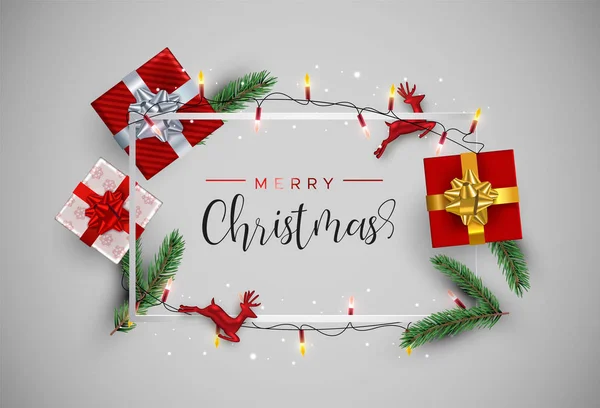 Feliz Natal Cartão Saudação Com Caixa Presente Vermelho Renas Pinheiros — Vetor de Stock