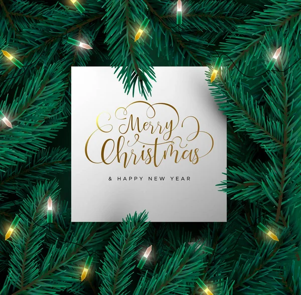 Vrolijk Kerstmis Gelukkig Nieuwjaar Kaart Met Realistische Pine Tree Takken — Stockvector