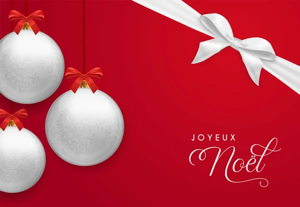 Merry Christmas Card Francuski Język Ornament Piłka Realistyczny Cacko Wstążki — Wektor stockowy