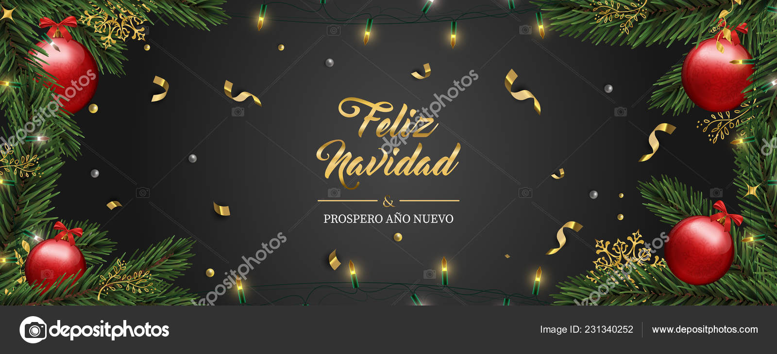 Merry Christmas Happy New Year Card Spanish Language Realistic Pine Stock Vector Image By C Cienpies
