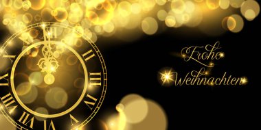 Mutlu yeni yıl lüks altın web afiş çizimde Almanca dil, saat gece yarısı saat siyah arka plan üzerine markalama.