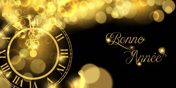 Feliz Ano Novo Luxo Dourado Web Banner Ilustração Francês Relógio —  Vetores de Stock
