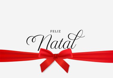 Portekizce Dil, gerçekçi kırmızı kurdele beyaz arka plan üzerinde neşeli Noel kartı. Doğum sonrası parti daveti veya mevsim tebrik için kış tatil tasarım.
