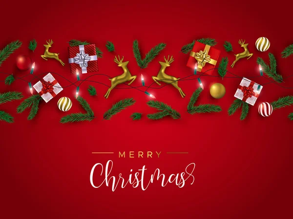 Merry Christmas Card Realistyczne Złoty Dar Pole Elementy Renifer Ozdoby — Wektor stockowy
