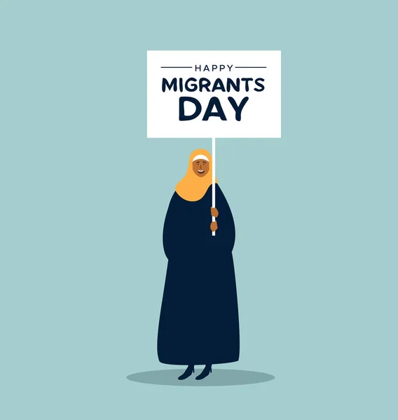 国际移民日插图 年轻的中东妇女在头巾举行抗议标志在全球移民游行或难民游行的概念 — 图库矢量图片