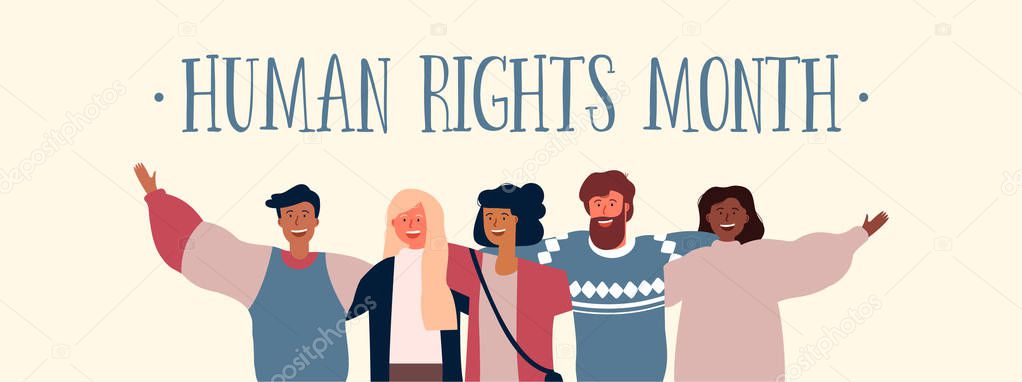 International Human Rights month illustration for global equality and peace with diverse people friend group. Social media background concept.