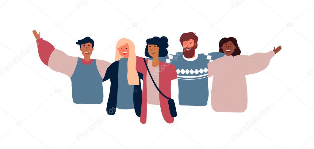Diverse friend group of people hugging together for special event celebration. Girls and boys team hug on isolated background with copy space.
