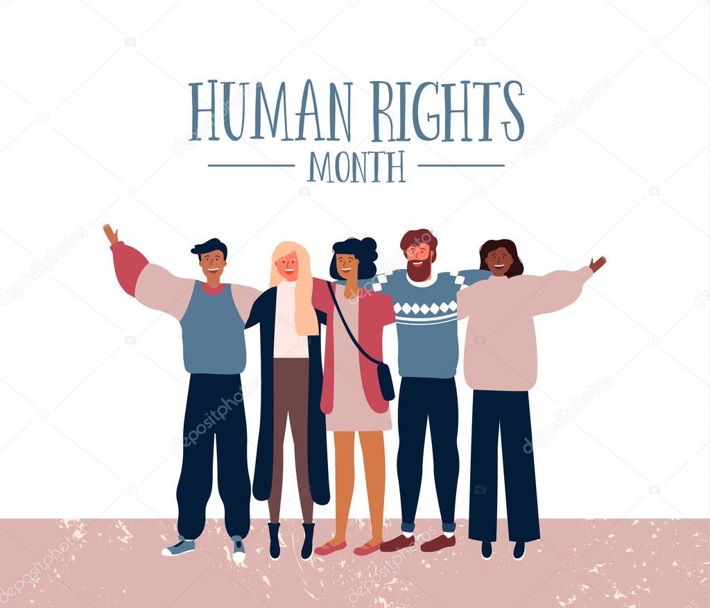 International Human Rights month illustration for global equality and peace with diverse people friend group.