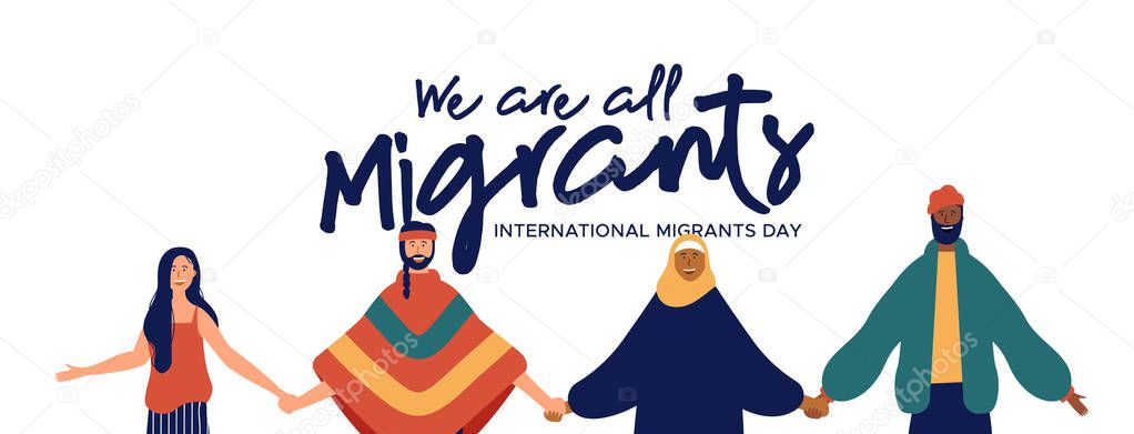 International Migrants Day web banner illustration, diverse people group of different cultures together for global migration, immigration or refugee help concept.
