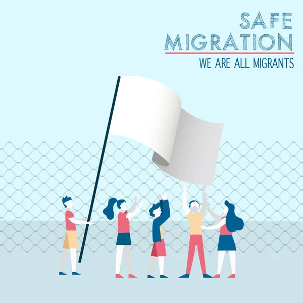 国际移徙者日例证 不同文化的不同的儿童群体与白色的和平旗帜一起为安全的全球移徙或难民帮助概念 — 图库矢量图片