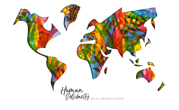 世界地図と異文化コミュニティ ヘルプ ソーシャル サポートの概念を互いに助けあったことから多様な手国際人間連帯の日グリーティング カード — ストックベクタ