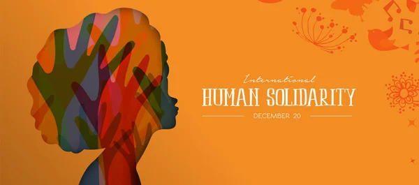 International Human Solidarity Day illustration with afro woman profile and colorful diversity hands, social support concept.