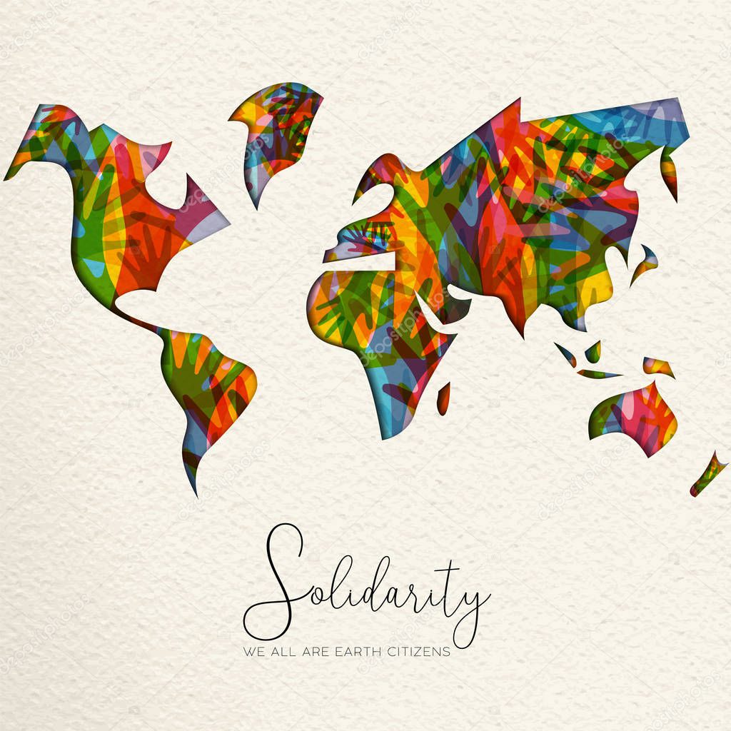 International Human Solidarity Day greeting card with world map and diverse hands from different cultures helping each other for community help, social support concept. 