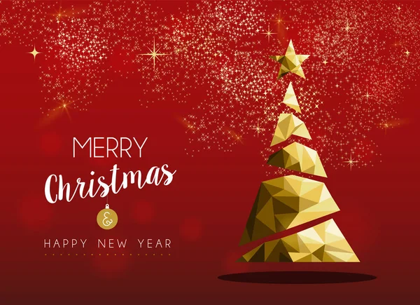 Prettige Kerstdagen Gelukkig Nieuwjaar Gouden Naaldboom Hipster Driehoek Laag Poly — Stockvector