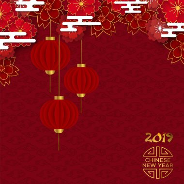Çin yeni yılı domuz 2019 illüstrasyon. Kırmızı arka plan ile geleneksel Asya fenerler ve erik çiçeği çiçek altın katmanlı kağıt. 