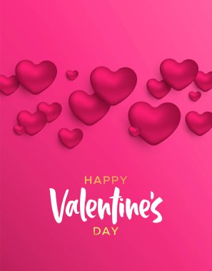 Mutlu Sevgililer günü aşk kavramı illüstrasyon. Gerçekçi 3d kalp şekli dekorasyonda pembe renkler ve tatil tipografi alıntı.