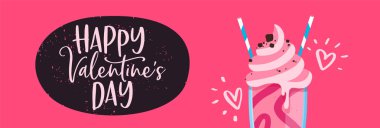 Sevgililer günü web banner gösterimi pembe çilekli dondurma milkshake romantik tarih kavramı için iki payet ile.