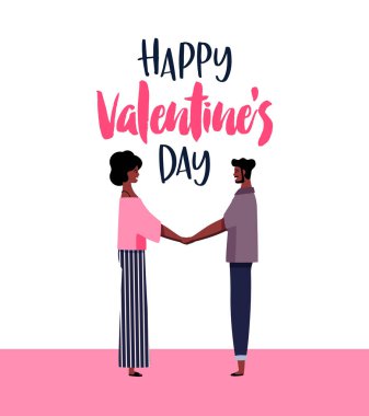 Mutlu Sevgililer günü kartı illüstrasyon. Genç siyah çift tutuşup, sevgiliyi aşık tatil metin alıntı ile romantik tarih kavramı.