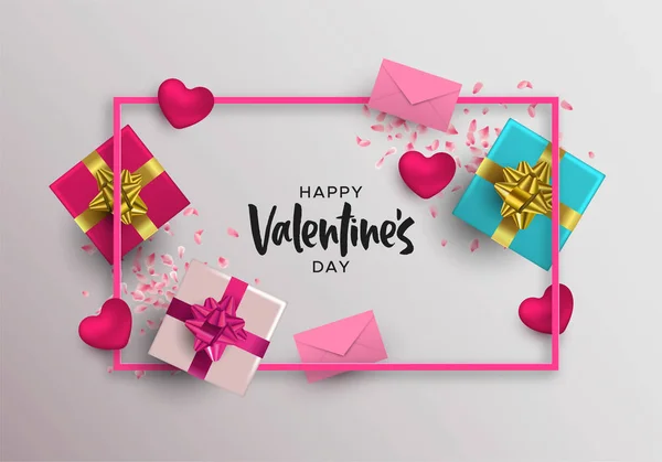 幸せなバレンタインデーのイラスト 現実的なピンク色の 要素のレイアウト ギフト ボックス ハート形 白枠とカード封筒と花の花びらの装飾 — ストックベクタ