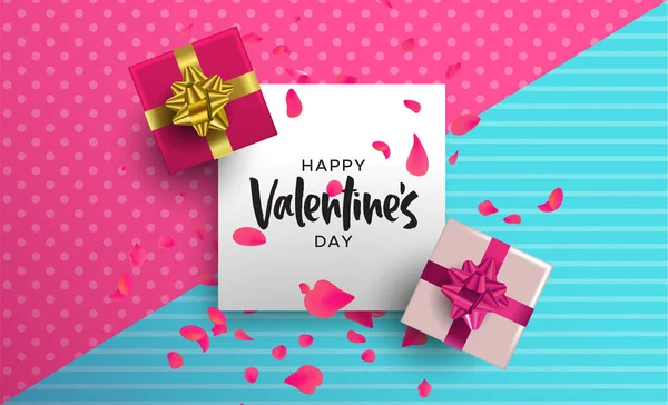 幸せなバレンタインデーのイラスト 現実的なピンク色の 要素のレイアウト ギフト ボックスと花の花弁装飾トップ画角から — ストックベクタ