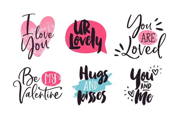 情人节书法文字引用涂鸦收藏 一套手绘粉红色排版与可爱的爱情消息在孤立的白色背景 — 图库矢量图片