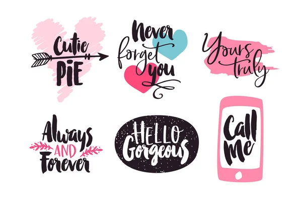 Valentinstag Kalligraphie Text Zitatensammlung Set Handgezeichneter Rosa Typografie Doodles Mit — Stockvektor