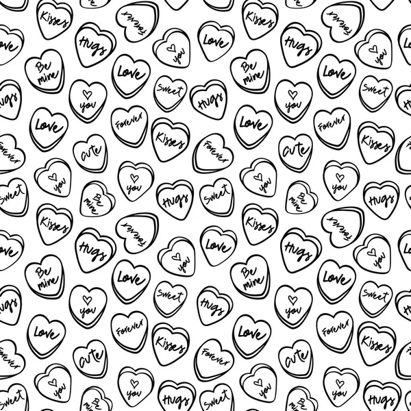 Valentines Day Seamless Pattern Cute Hand Drawn Candy Hearts Doodles — Stock Vector