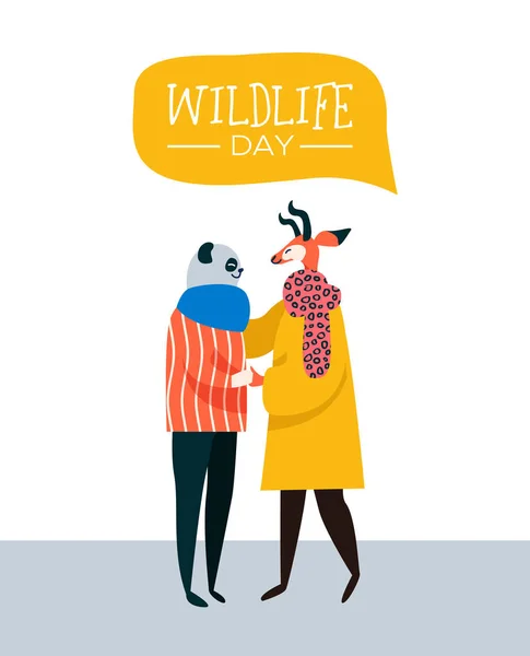 Save the animales wildlife day poster illustration. Panda bear and gazelle animal friends as people hugging together. Help and wild life conservation awareness concept idea