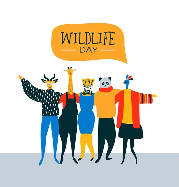 Boldog Wildlife Nap Illusztráció Egzotikus Állat Barát Csoporttal Együtt Átölelve — Stock Vector