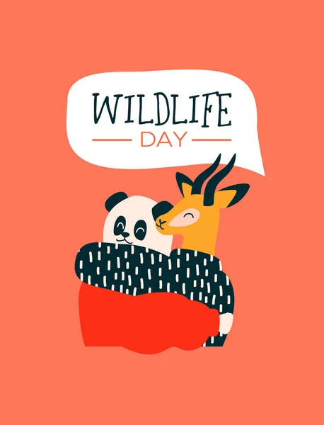 Boldog Wildlife Nap Poszter Illusztráció Panda Medve Gazella Állat Barátok — Stock Vector