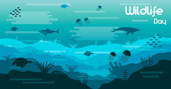野生动物日说明海洋水动物和鱼类在珊瑚礁的海洋保护意识 包括海豚 — 图库矢量图片