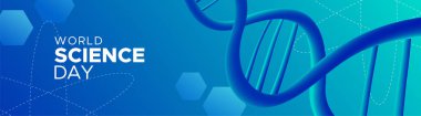 Dünya Bilim gün web afiş illüstrasyon. Mavi degrade arka plan dna ile bilimsel araştırma kutlama için.
