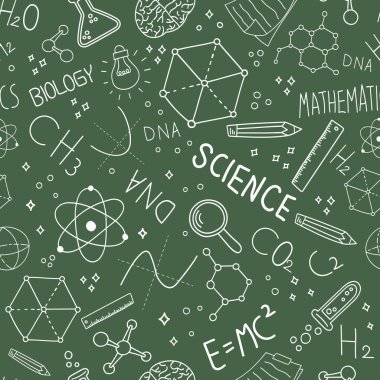 Bilim kavramı seamless modeli doodle simgeler yeşil yazı tahtası arka planda eğitim ve araştırma.