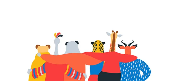Разнообразная Группа Друзей Диких Животных Обнимающихся Друг Другом Баннерная Иллюстрация — стоковый вектор