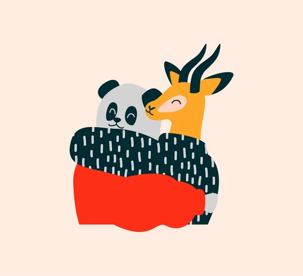 Two Wild Animal Friends Hugging Smiling Together Panda Bear Gazelle — Stock Vector