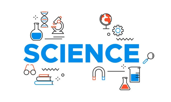 科学日卡片例证 大纲图标在蓝色为科学研究庆祝 包括显微镜 化学烧瓶和教育工具 — 图库矢量图片
