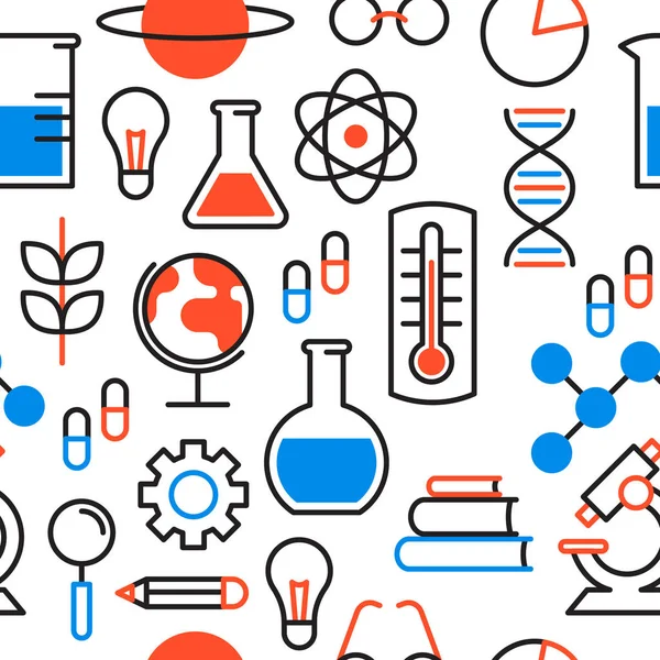 科学无缝模式背景与大纲图标为科学研究概念 包括显微镜 化学烧瓶和教育工具 — 图库矢量图片