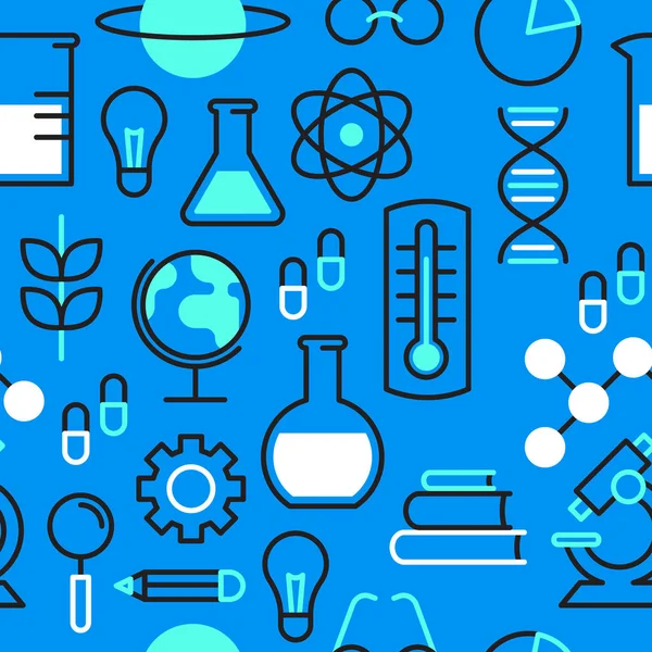 科学无缝的图案背景与轮廓图标在蓝色为科学研究概念 包括显微镜 化学烧瓶和教育工具 — 图库矢量图片