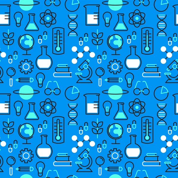 アウトラインのアイコンを科学研究のコンセプトの青い色と科学のシームレスなパターン背景 顕微鏡 化学フラスコおよび教育ツール — ストックベクタ
