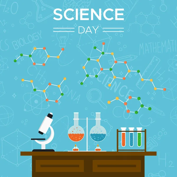 Ημέρα Επιστήμης Ευχετήρια Κάρτα Εικονογράφηση Της Θρανίο Επιστημονικά Εργαλεία Για — Διανυσματικό Αρχείο