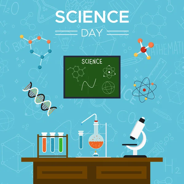 Science Day Greeting Card Illustration School Desk Scientific Tools Education — Stock Vector