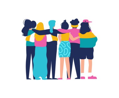 Diverse women friend group hugging together for feminist concept or womens right event. Modern young woman dressed in trendy urban fashion. Female team hug on isolated background with copy space. clipart